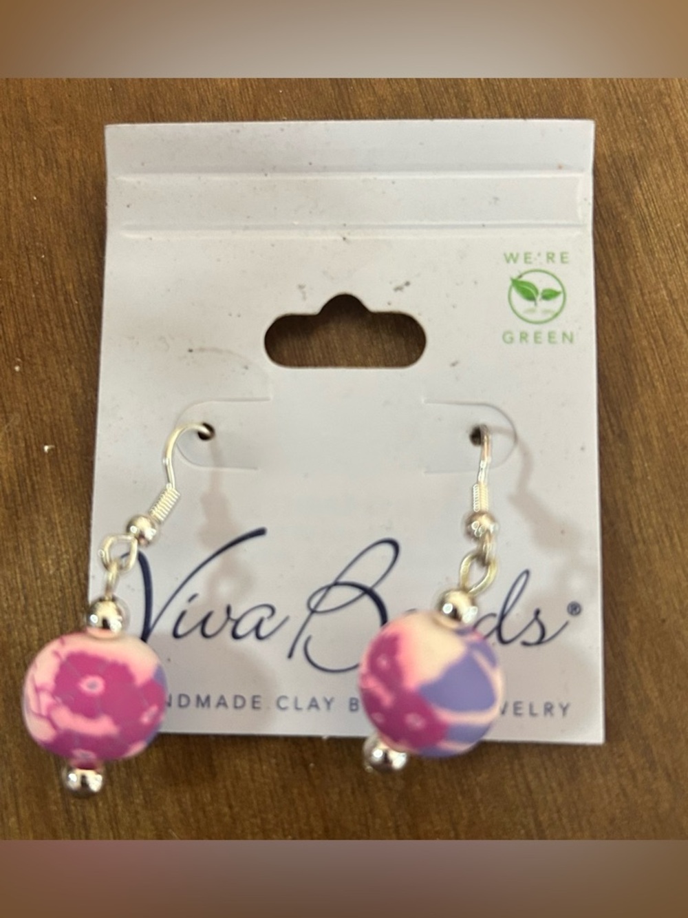 NWT Viva Beads Handmade Colorful Calico Floral Clay Bead Drop Earrings